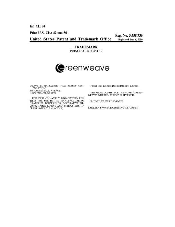 Federal Trademark Registration for Greenweave Hackensack Attorney of Record Trademark Lawyer having Office in Allentown