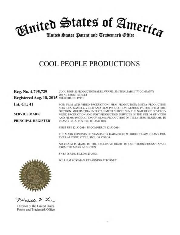 Trademark Application for COOL PEOPLE PRODUCTIONS Milford filed by Philadelphia Trademark Lawyer Granted Registration Certificate by USPTO