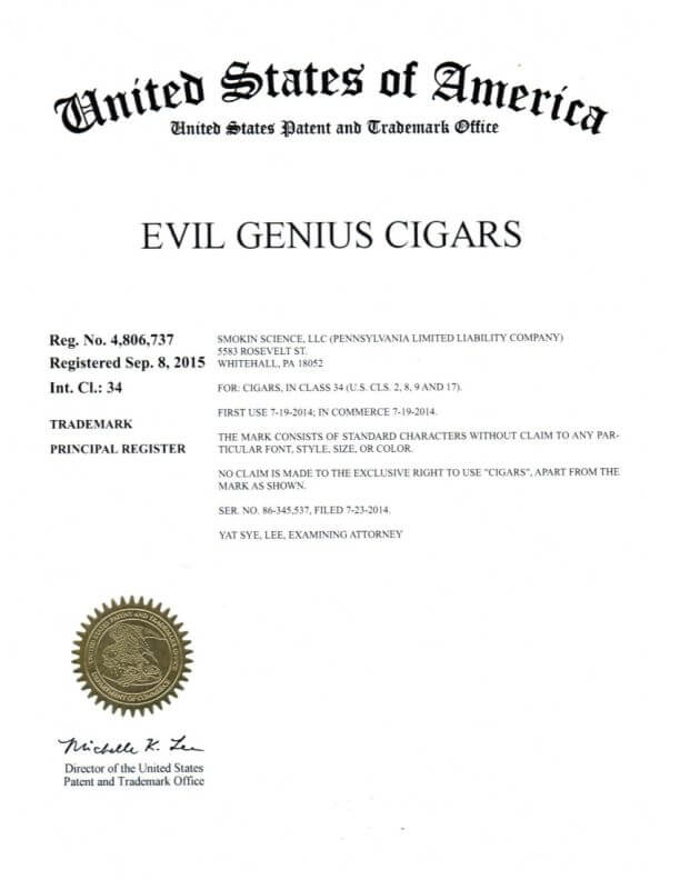 Trademark Application for EVIL GENIUS CIGARS Whitehall, PA filed by Trademark Attorney Scranton Allowed TM Registration