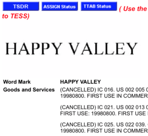 HAPPY VALLEY Trademark HAPPY VALLEY Trademark