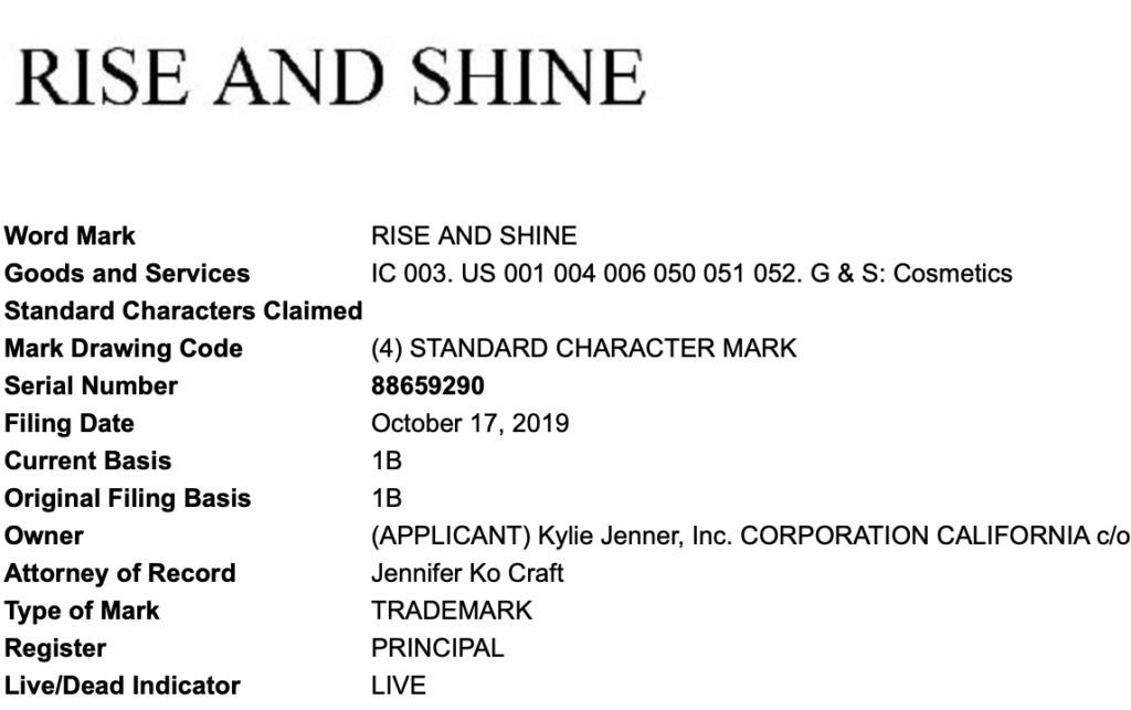 RISE AND SHINE Trademark Application